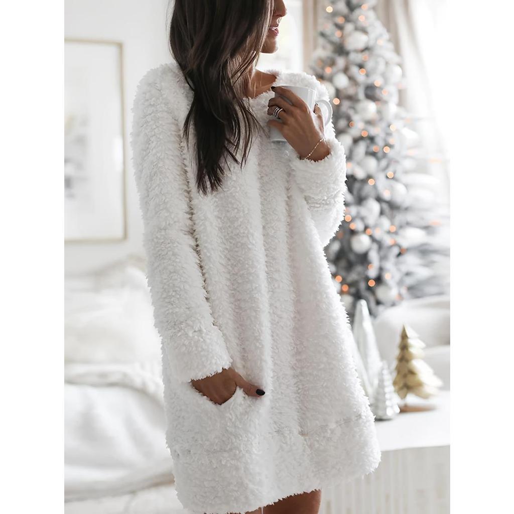 Damen Samt Schlafkleid - Bequemer Winter Hausmantel mit Tasche, Rundhalsausschnitt Einfarbig Maschinenwaschbar Freizeitkleidung, Weich Gestrickt Indoor