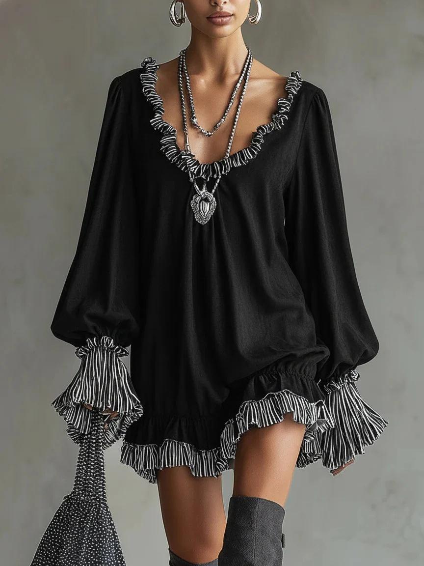 Short princess temperament thin dress with wooden ear edge black retro skirt S