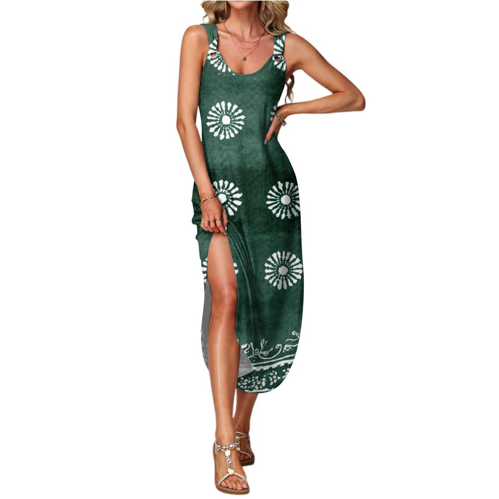 Women's Summer Long Dress, Sleeveless With Side Slits, Long Retro Printed Camisole Dress