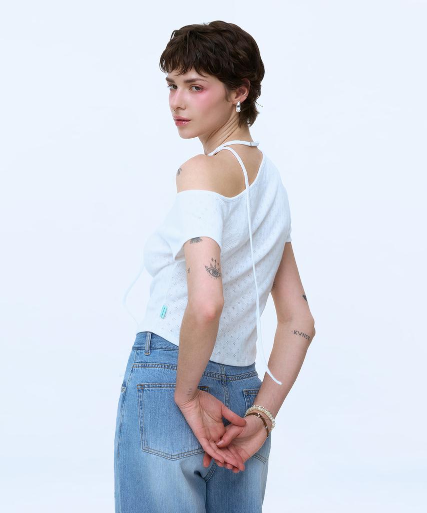 INSTANTFUNK Ribbon One-Shoulder Short Sleeve - Ivory