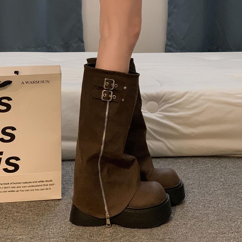 

Женские сапоги на толстой подошве, увеличивающие рост, с высоким голенищем до колена, на платформе, с круглым носком, боковой молнией, модным ремнем с пряжкой, женская обувь 37