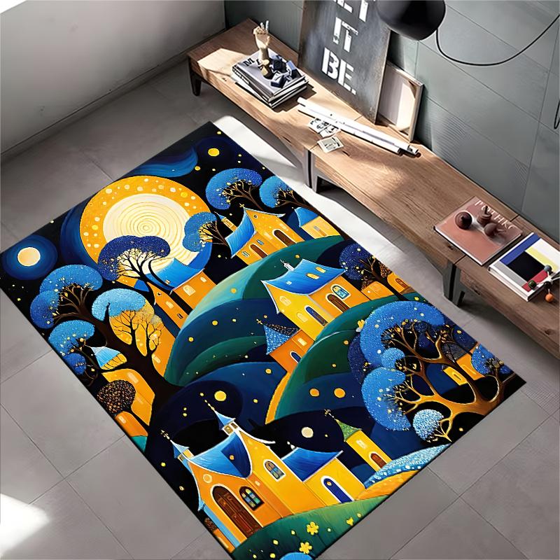 Whimsical Village Night Scene Carpet with Moonlit Landscape Design Suitable for Use As an Anti-slip for Living Room Bedroom Sofas