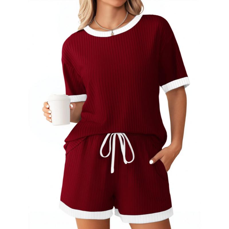

Women s Ribbed Color Block Pajamas Set Short Sleeve Top and Shorts with Pockets Soft Casual Lounge Wear 2 Piece Sleepwear for Women XXL кларет