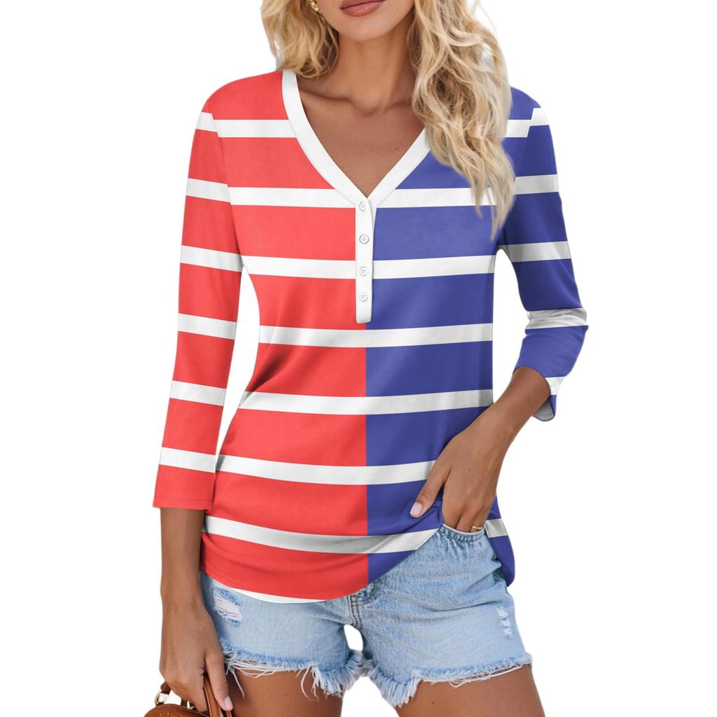 Damen Casual Mode Sexy Bequem V-Ausschnitt Knopf Streifen Patchwork Farbe Dreiviertelarm Oberteil