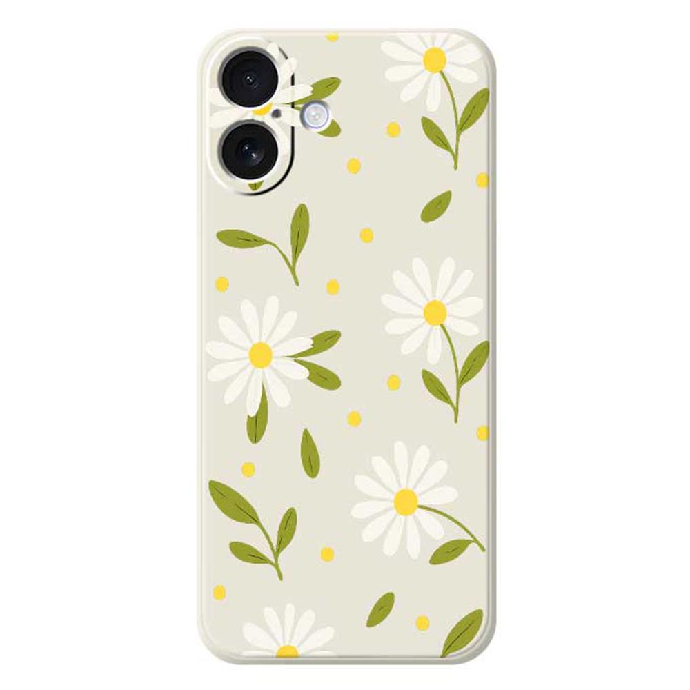 For iPhone 17 Case White Flowers Green Leaves Pattern Printing Straight Edge TPU Phone Back Cover