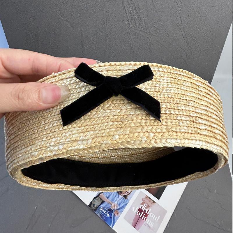 Ins Bow Natural Wheat Straw Hand Woven Berets Women Bohemian Sun Hat Circle Concave Top Straw Hat Church Derby Party Beach Hat