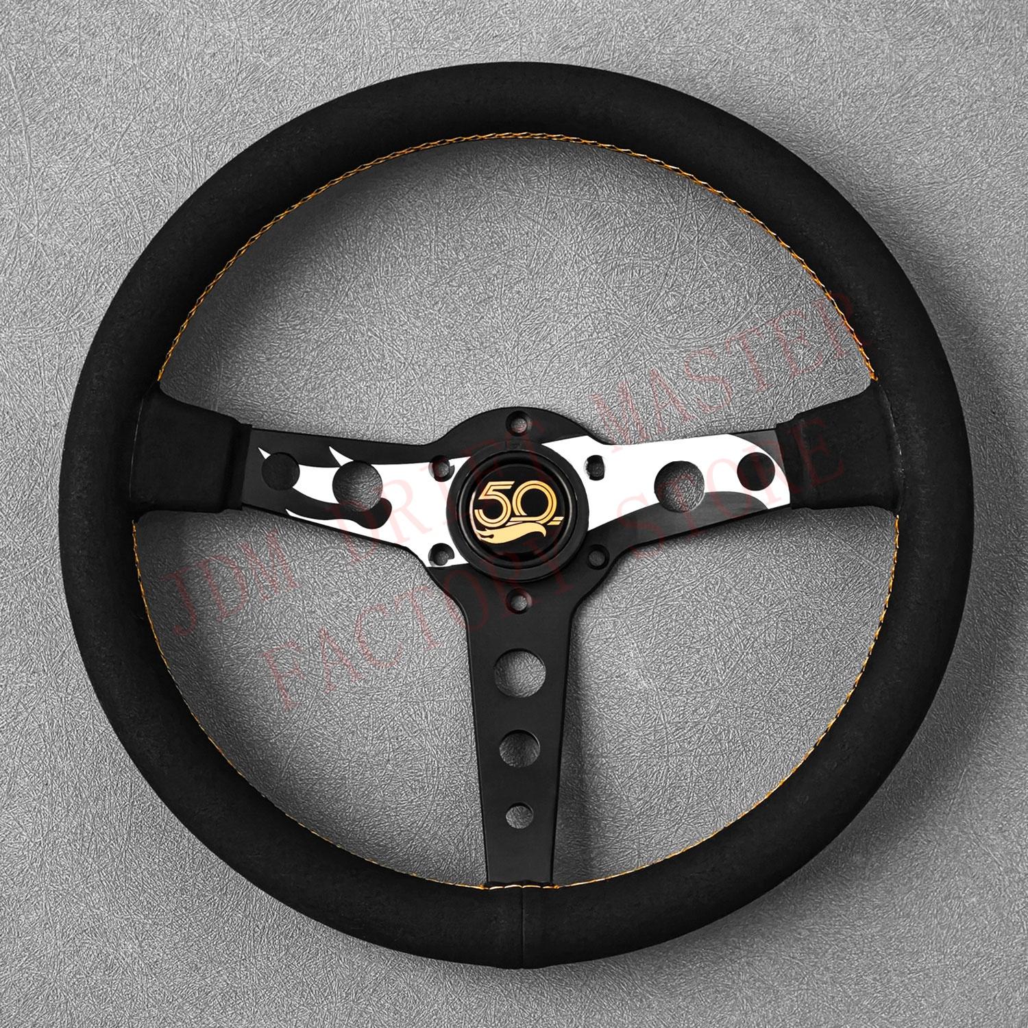 350mm/14inch 50th Anniversary Leather Steering Wheel Car Racing Sport Steering Wheel for Universal Suede