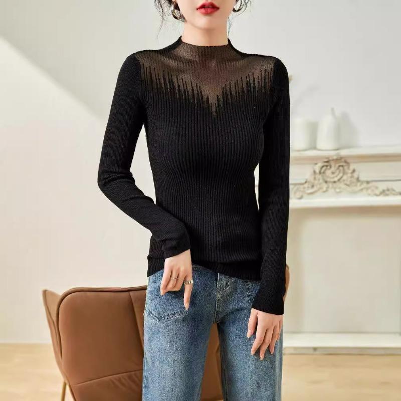 

Silk wool knitted bottoming shirt women s long-sleeved winter new pullover semi-turtleneck top slim-fitting sweater 115 чёрный