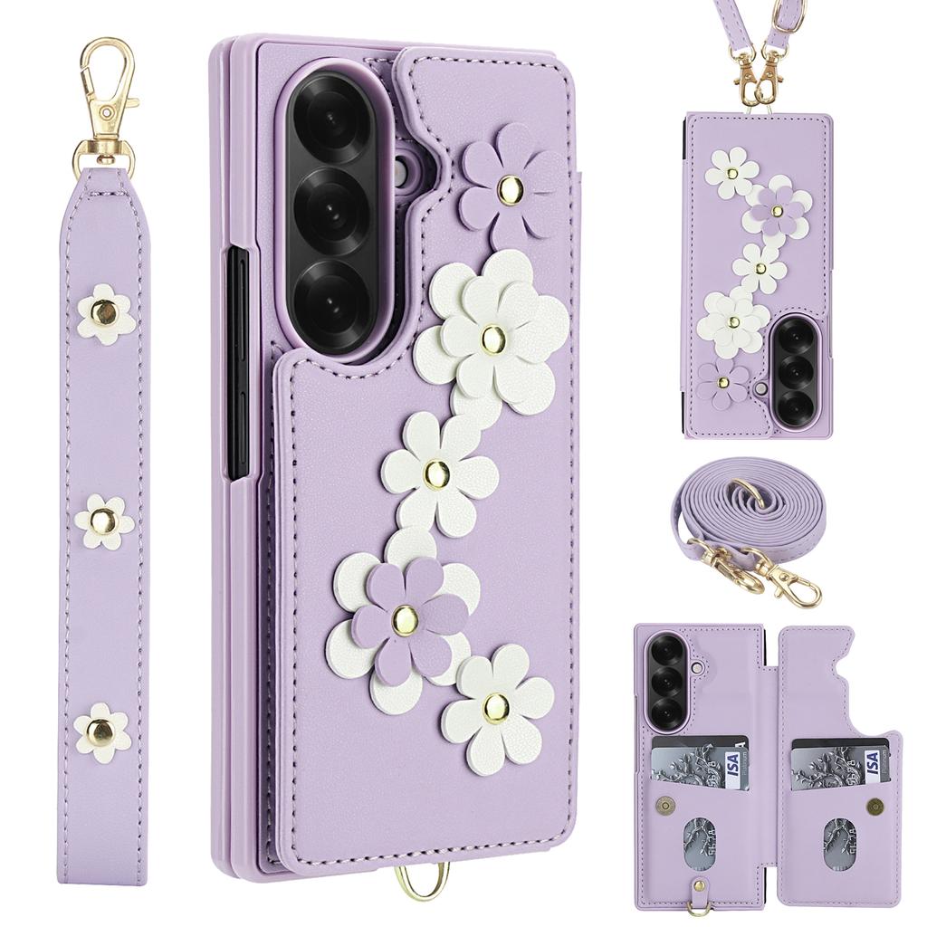 For Samsung Galaxy Z Fold7 5G Case Card Slots Leather Coated TPU Flower Phone Cover with 2 Straps