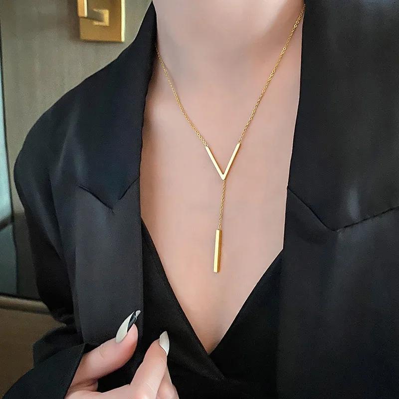 V-shaped Long Sexy Clavicle Gold Colour Chain Necklace Choker Women Vertical Bar Pendant Jewelry Party Gifts