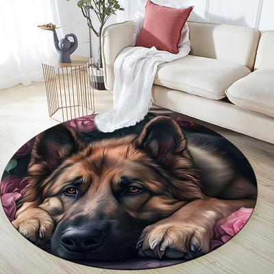 Roses and German Shepherd Pattern Round rug,Carpet Rug for Living Room Bedroom Playroom ,Non-slip Floor Mat,Holiday Gifts and Birthday Gifts.