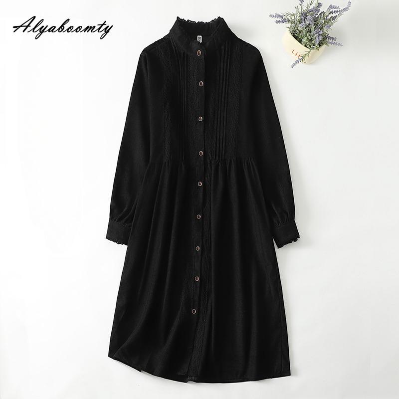 Abito in Velluto a Coste da Donna Autunno Primavera Stile Mori Giapponese Collo Alto Khaki Nero Ampio Oversize Taglie Forti Abito Midi con Patchwork di Pizzo