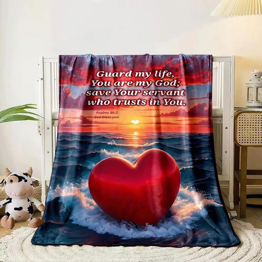 A red heart floating amidst ocean waves under a vibrant sunset sky. for all seasons blanket lunch break throw gift 80cm x 120cm