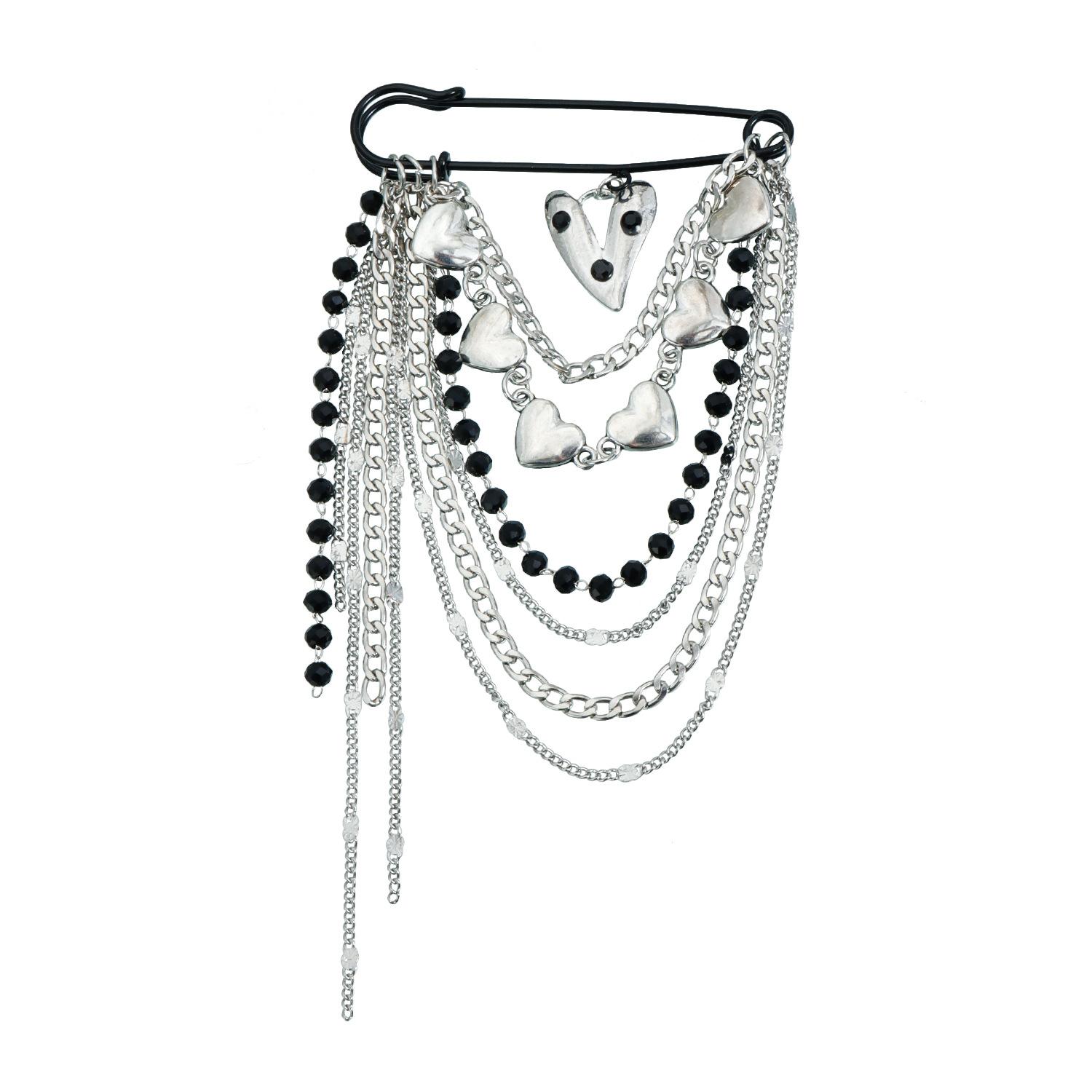 Sweet Cool Y2K Multi-layer Tassel Chain Brooch, Unique Black Bead Heart Versatile Lapel Pin 1