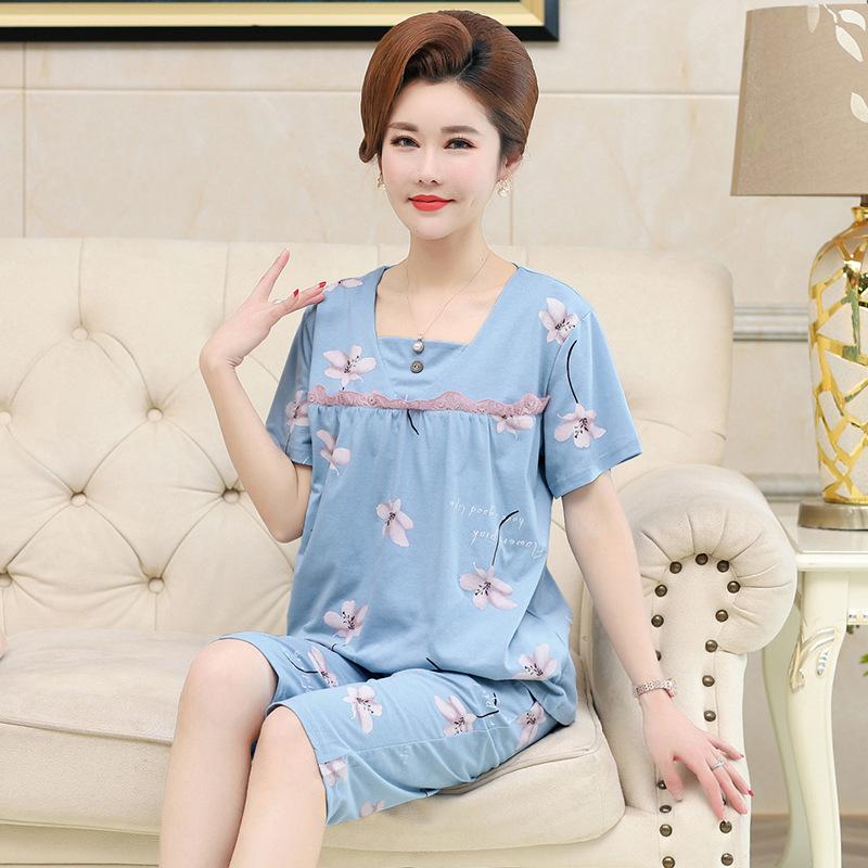 Women's Summer Clothing Sets Middle-aged and Elderly Loose Short-sleeved Blouse + Seven-piece Pants Home Two-piece Set