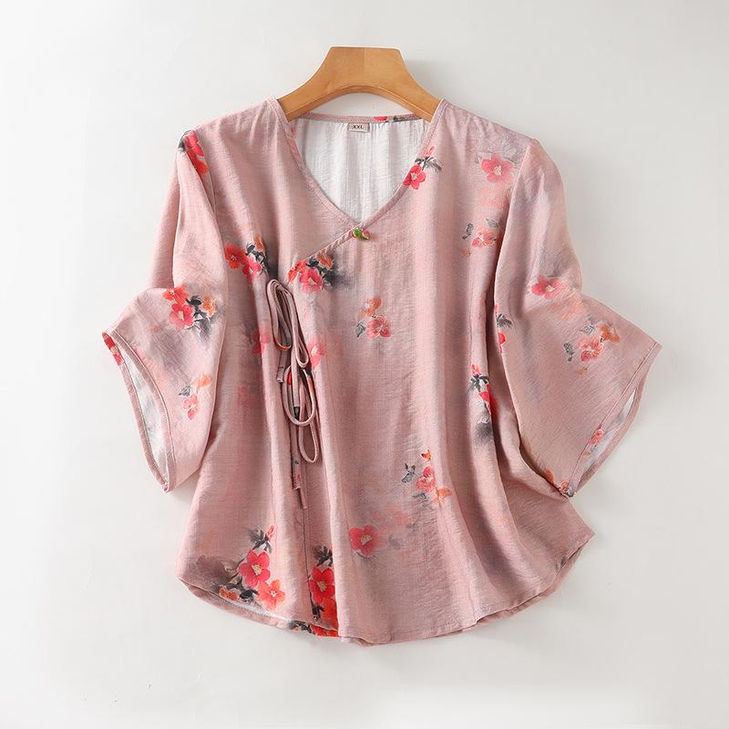 Chinese Style Tencel Cotton Short-Sleeved Top: Soft, Comfortable, and Breathable Pajamas for Middle-Aged and Elderly Women