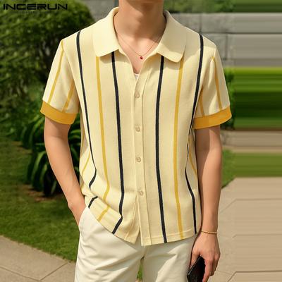 Oversized Men Short Sleeve Striped Print Buttons Casual Loose Shirts Tops