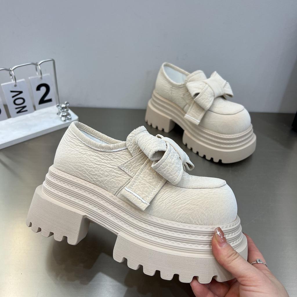 European spring bow platform muffin small leather shoes casual shoes small height increase single shoes women