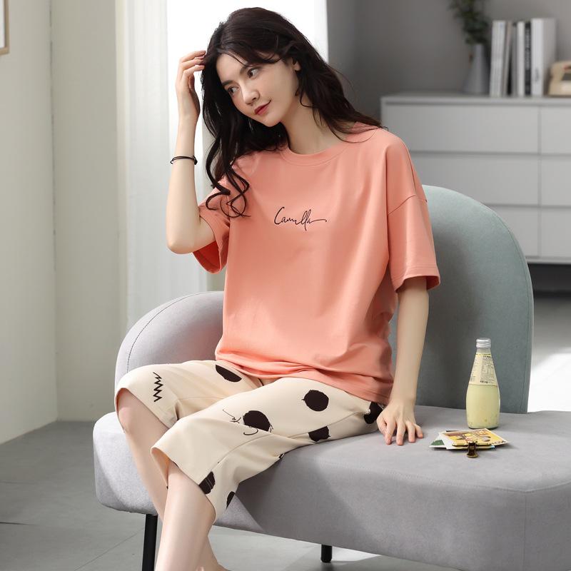 Korean Style Women's Summer Pajama Set – Imitation Cotton, Short Sleeve, Capri Pants, Thin, Cute, Plus Size