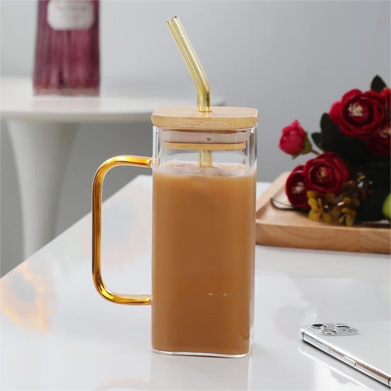 High Borosilicate Glass Square Mug with Green Handle, Straw & Bamboo Lid