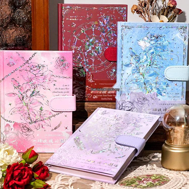 Rose Butterfly Laser Stamped Notebook with Magnetic Buckle - Retro Style Student Diary