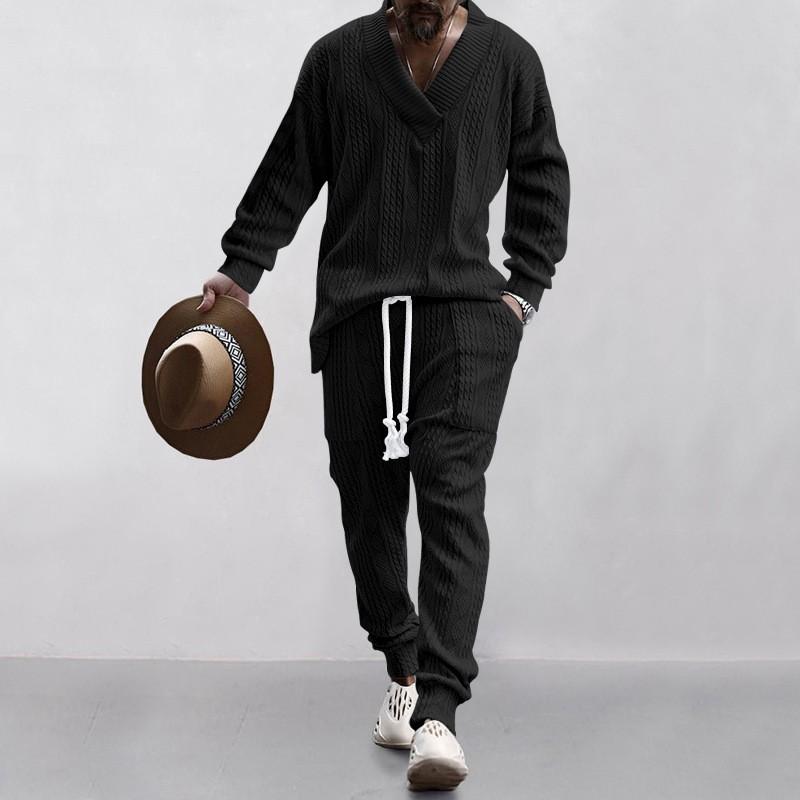 Mens V-Neck Jacquard Knit Sweater Casual Pants Set Outfit Teens Young Adults