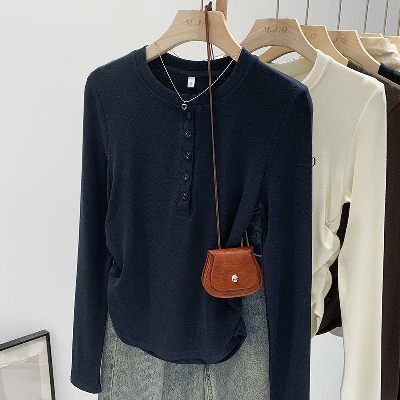 

Half-open neck button-up shoulder long-sleeved bottoming shirt women s spring new waist pleated thin T-shirt top trend L Темно-синій