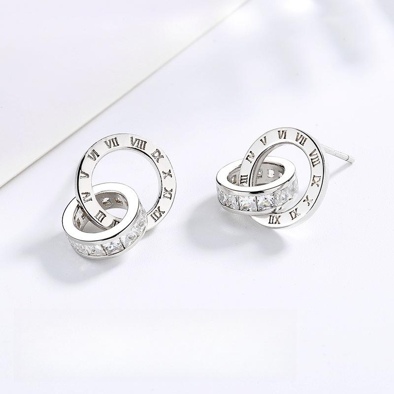 Roman Numerals Double Ring Stud Earrings Female Korean Version Fashion Light Luxury Suit Valentine's Day Birthday Gift