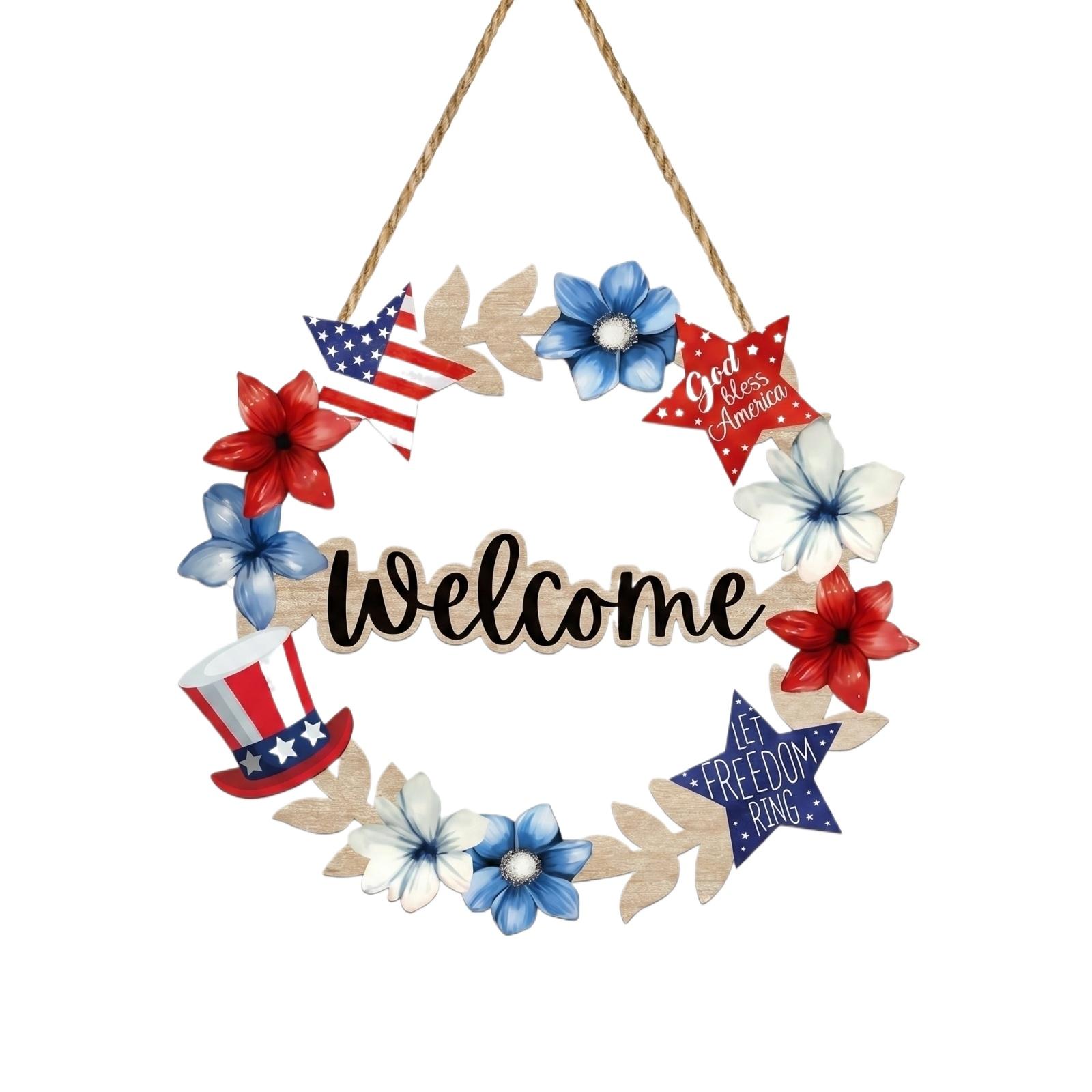Wooden Independence Day Front Door Welcome Star Wreath Round Wooden Sign Independence Day Patriotic Door Plaque Hanging Ornament. One Size красный