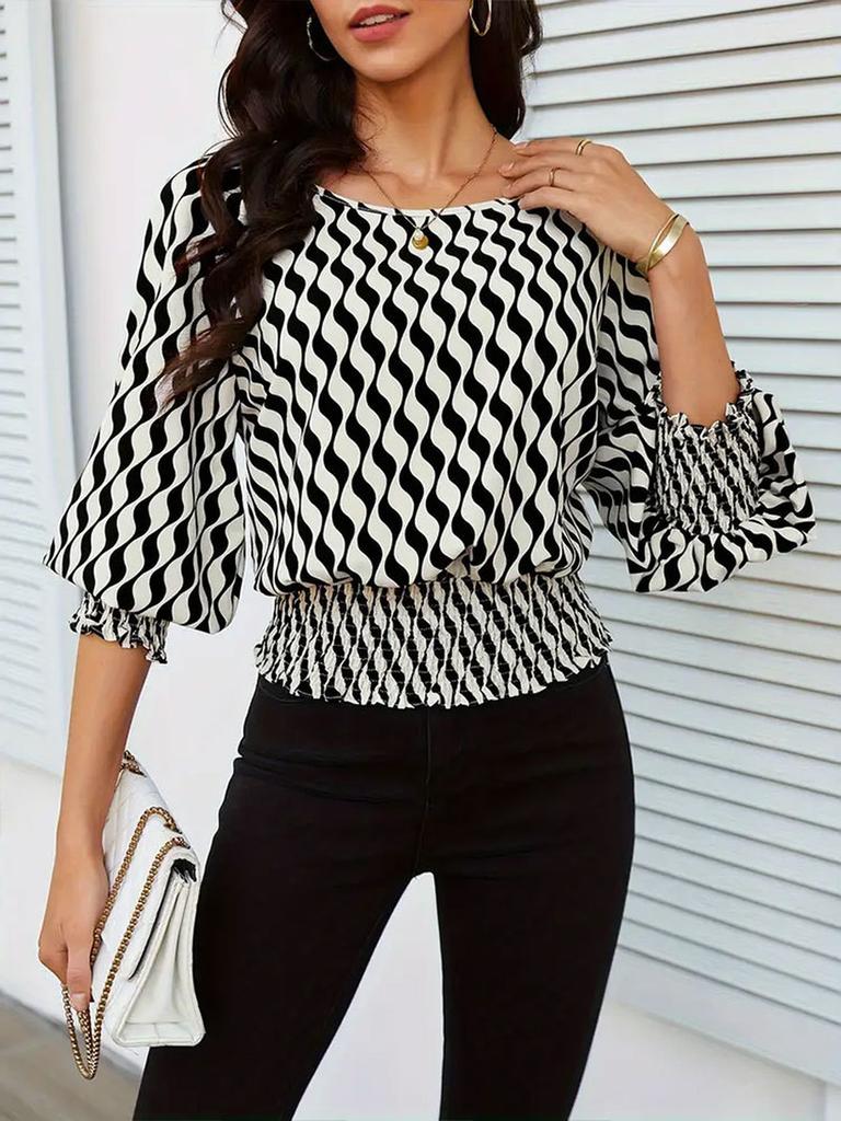 Spring Women's Clothing Lantern Sleeve Top Women Slim Fit Printed T-Shirt