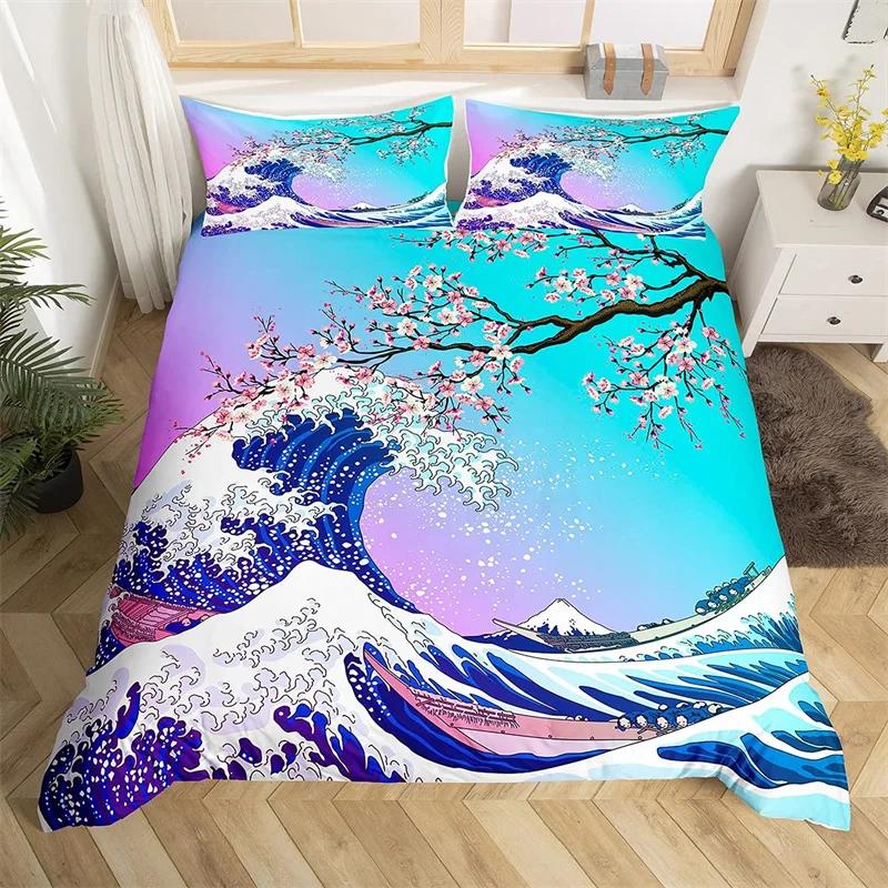 

Cherry Blossoms Bedding Set Japanese Ocean Wave Duvet Cover Microfiber Twin Queen Full King Comforter Cover Set For Boys Girls EU Single(135x200cm)