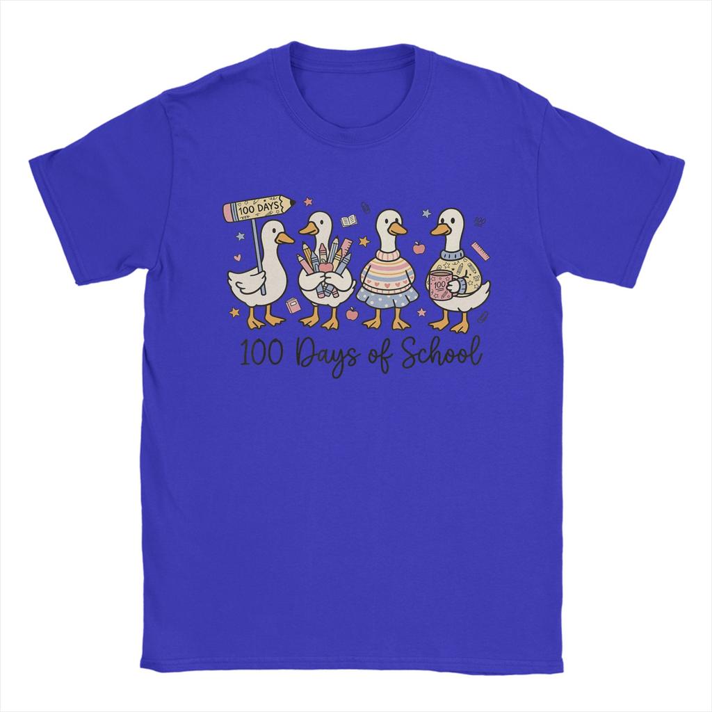 Vintage 100 Days of School Ducks Cute Goose Teacher 100th Day TShirts Unisex Round Collar Pure Cotton T Shirts Short Sleeve
