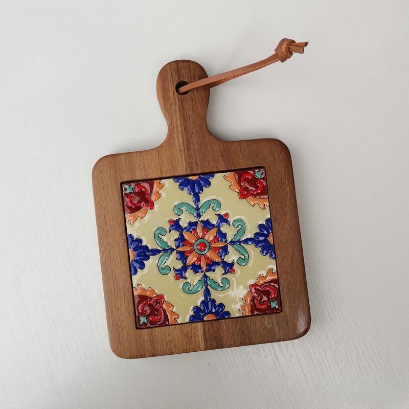Solid Wood Flower Brick Hand Pot Mat Insulated Cup Mat Retro Dining Mat Decoration for Home Restaurants Kitchen Table Mat Cup