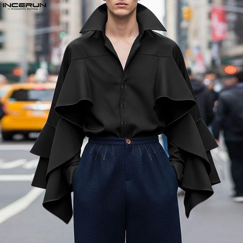 INCERUN Men Lapel Neck Long Sleeve Ruffled Shirts Casual Loose Oversized Tops