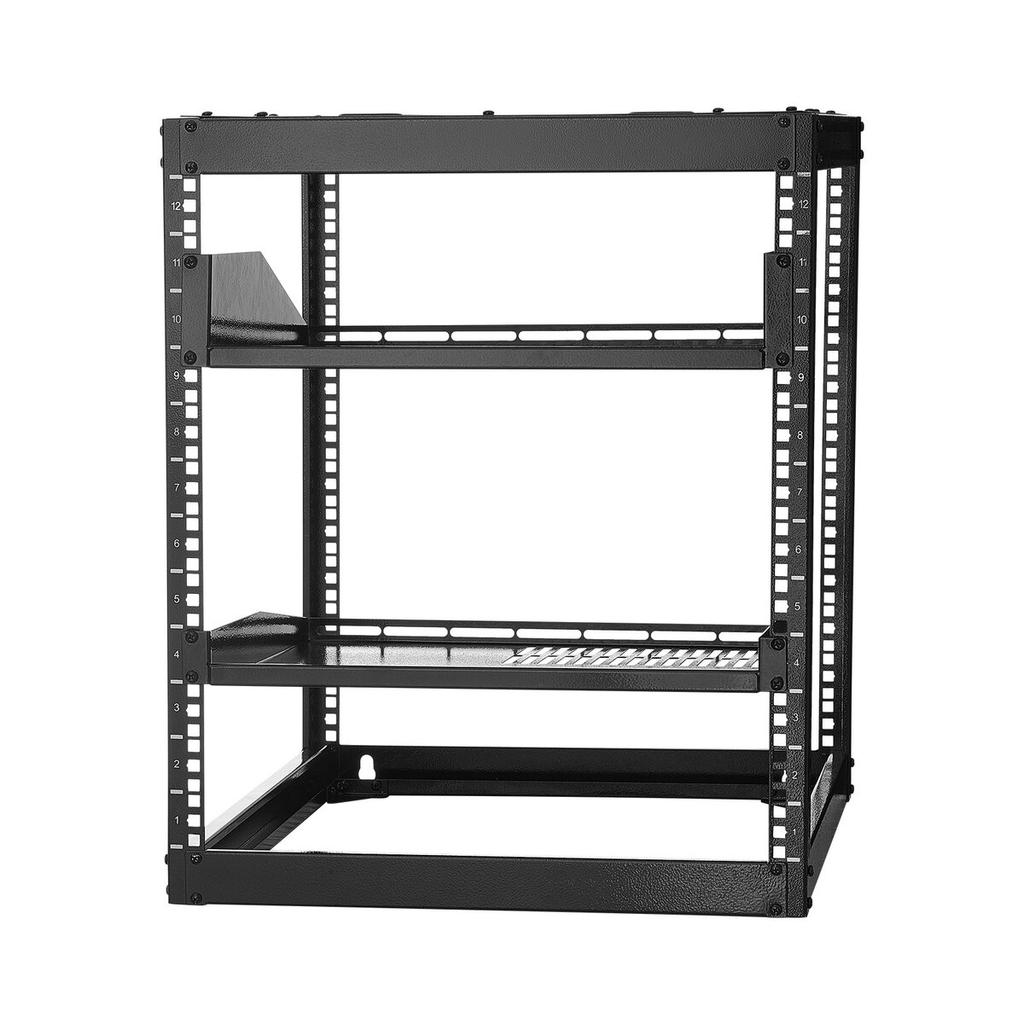 12U Open Frame Network Rack, 585 mm Depth, Wall Mounted or Floor Standing Server Rack, Heavy Duty 4 Post, with Vented Shelves & Mounting Hardware,