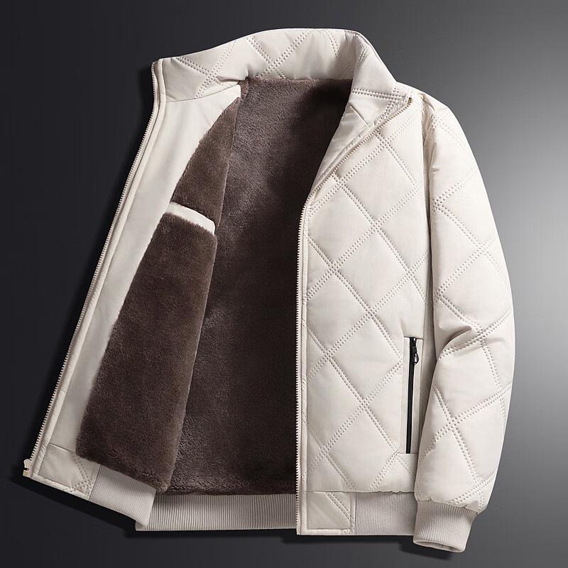 Men's Khaki Stand Collar Windproof Velvety Cotton Winter Jacket