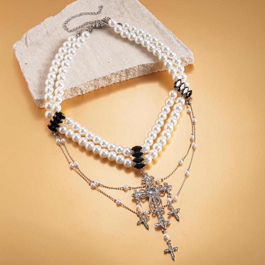 Personality diamond-set imitation pearl cross double-layer sweater chain temperament necklace