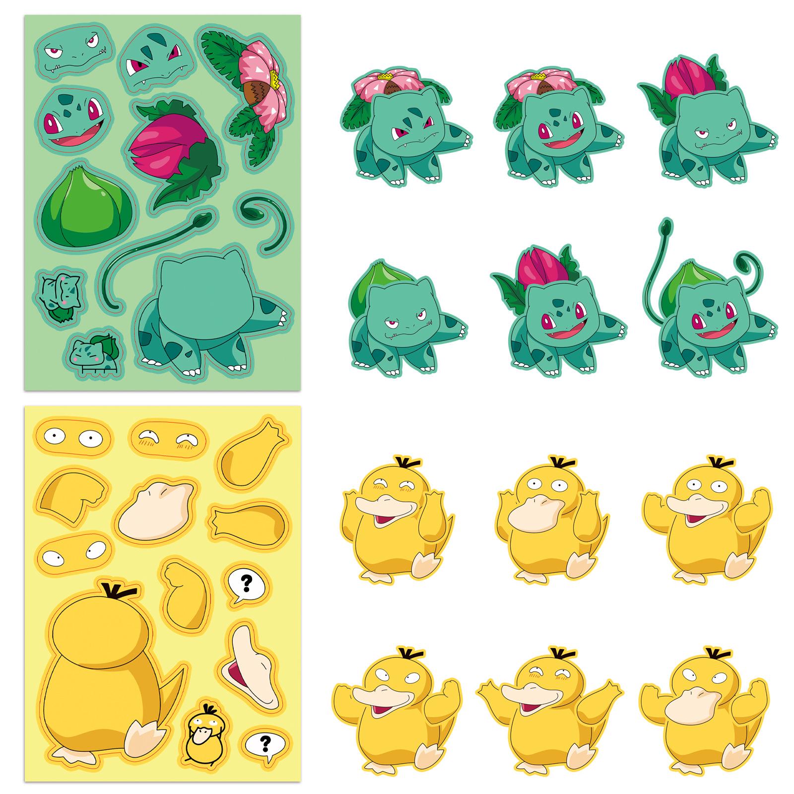 8 Sheets Pokemon Face Swap Puzzle Stickers - Parent-Child DIY Anime Graffiti Journal Stickers
