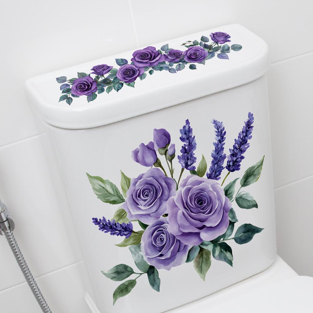 1/2pcs Romantic purple rose lavender toilet sticker PVC self-adhesive waterproof toilet decoration sticker