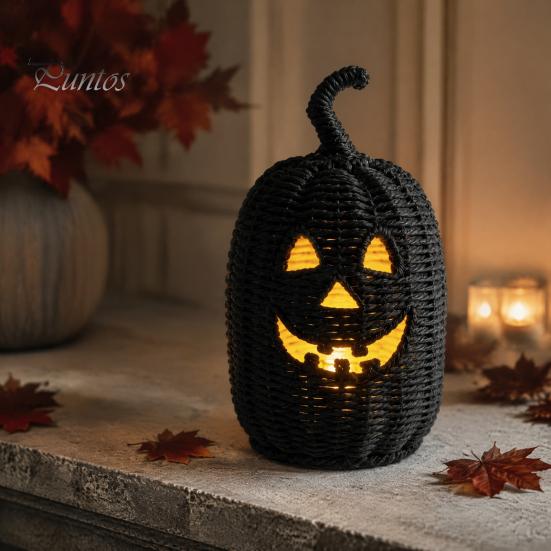 Decoraciones Espeluznantes para Repisa Halloween Cesta de Calabaza de Resina, Linterna Falsa Tejida Adorno, Acentos para el Hogar para Bote de Dulces Negro Decoración de Mesa Regalo de Inauguración