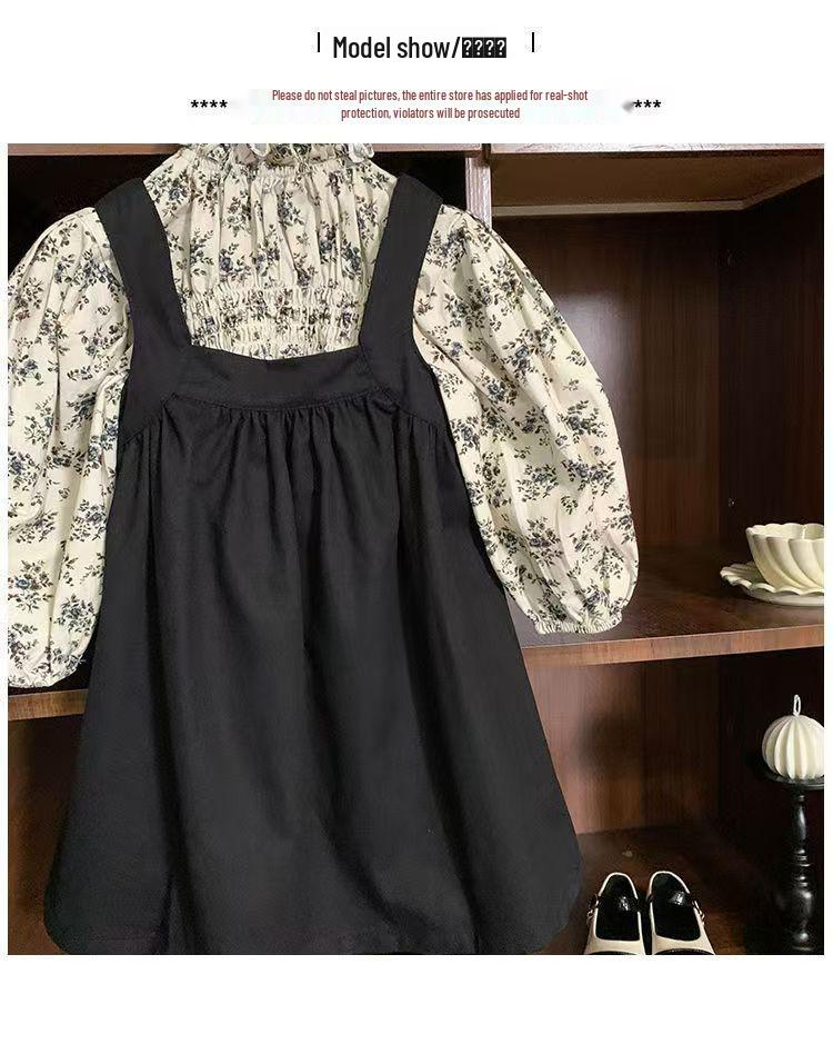 2024 Autumn Korean Mori Style Girls' Floral Shirt & Suspender Skirt Set