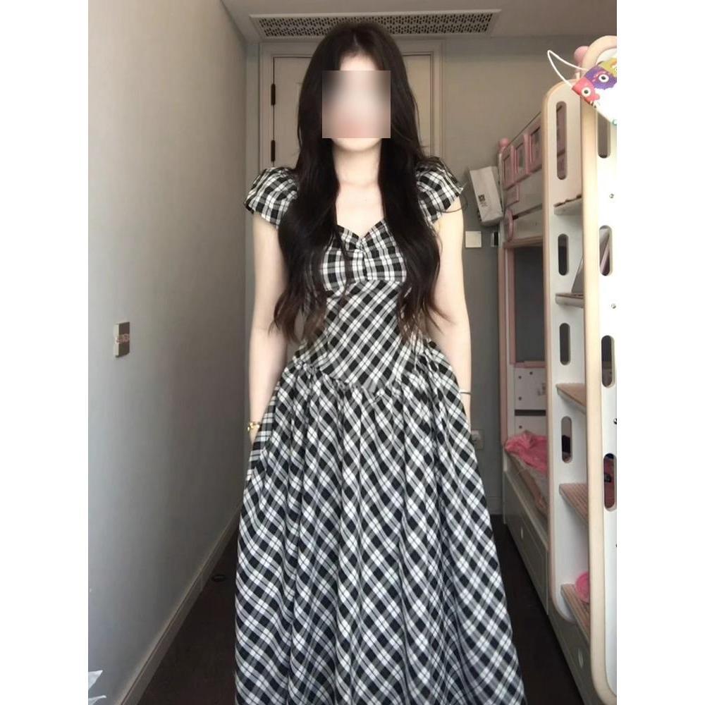 Retro contrasting color plaid short-sleeved dress women's clothing summer casual quality waist and thin long skirt