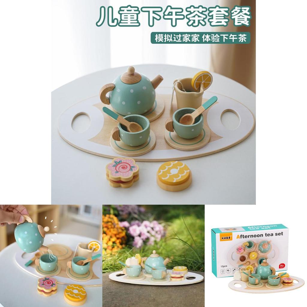 Children Pretend Play Tea Set With Wooden Pots And Cakes For Imaginative Kitchen Play