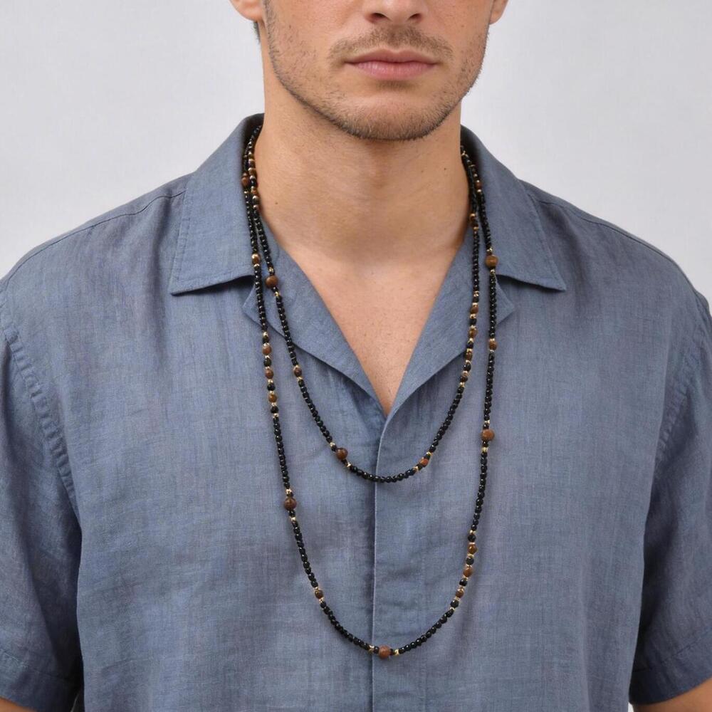 Ethnic Men's Black Natural Stone Long Chain Necklace,Vintage Two-layers Beaded Collars,Jewelry Gift for Huasband Dad Him