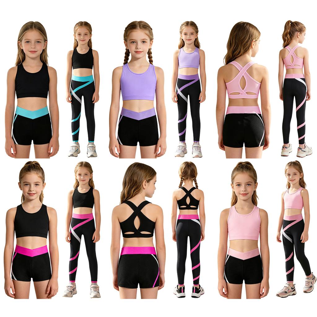 Girls U Neck Cropped Vest Cross Back Keyhole Contrast Color Pants Shorts 3Pcs Sports Set