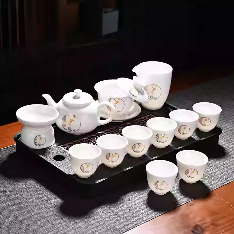 Goat Jade Tea Set Kung Fu Set Chinese Light Luxury Tea Calendars Teacups Office White Porcelain Teapot Covered Bowl Set
