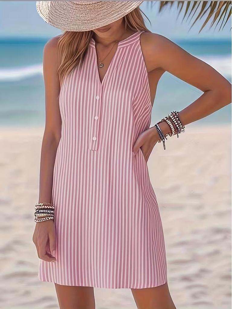 European-American Women's Sleeveless V-neck Button-Striped Loose Casual Beach Shirt