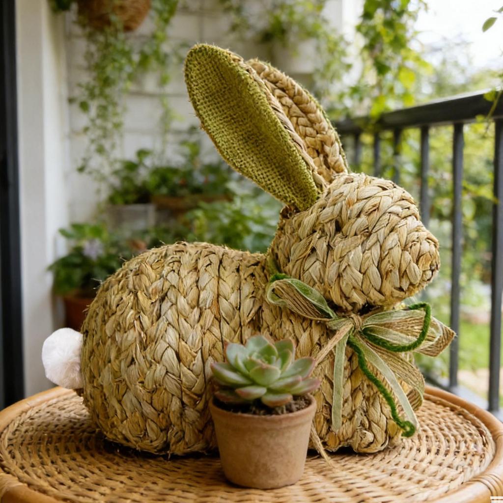 Spring Easter Handmade rabbit ornaments Rustic Cute Woven Spring Decor Rabbit Statue decorated with bows and fluffy tails