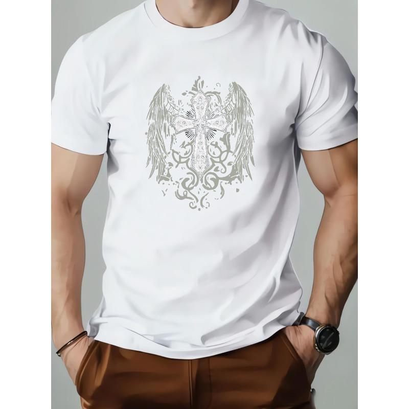 Tailles européennes T-shirt à manches courtes Mode Homme | Design Croix avec Ailes, Col rond décontracté, Tissu légèrement extensible, Saison d'été