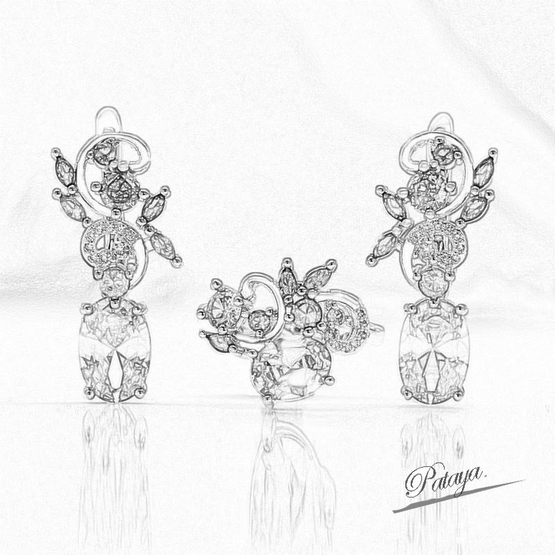 PATAYA Inlaid With Multicolored Artificial Zircon Earring Ring Combination Set